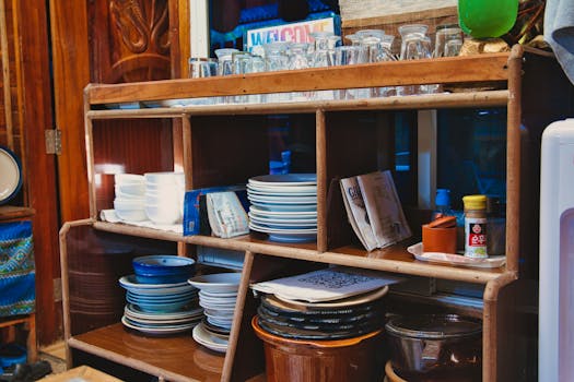 A wooden kitchen shelf stocked with assorted dishes, glasses, and condiments. Cozy vintage style.
